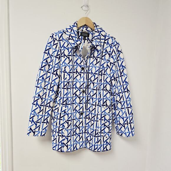 Dennis Basso Jacket Size 6 Jacquard Knit Button Front Printed Blue White Coat - Picture 1 of 10